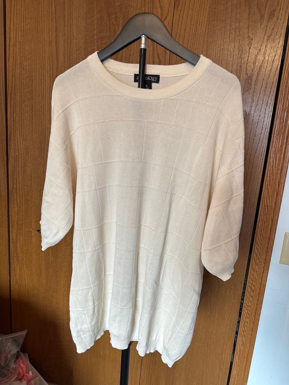 Anthology 75% Silk 25% Cotton Cream Knit Short Sleeve Sweater Top Luxury XL EUC